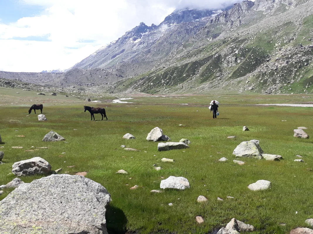 Thakur Kuan Meadow enroute Odithach before Pin Parvati Pass, High In Himalayas