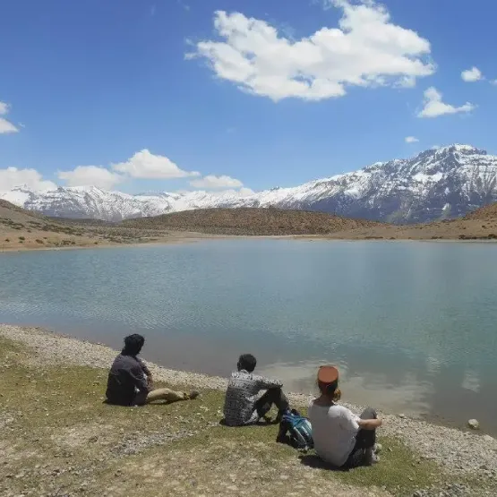 A scenic view of Dhankar Lake in Spiti Valley, High In Himalayas